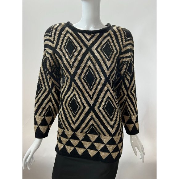 Destinee Vintage Abstract Tunic Sweater  Small Black, Gold Wool Blend - Picture 11 of 16